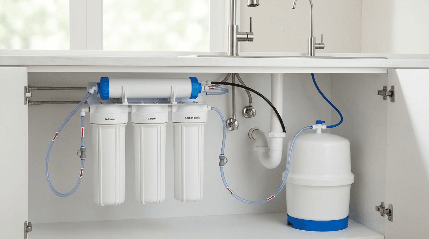 Under-sink reverse osmosis system installed in Central Texas home
