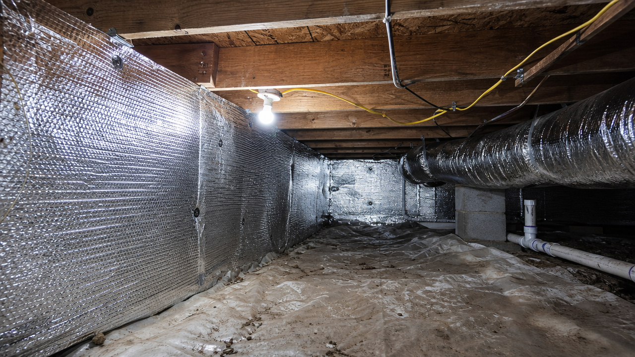 Crawl space with Reflecta Double Bubble foil reflective insulation installed on walls